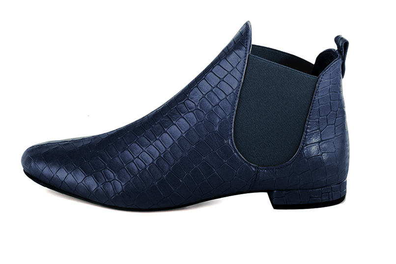 Navy blue women's ankle boots, with elastics. Round toe. Flat block heels. Profile view - Florence KOOIJMAN